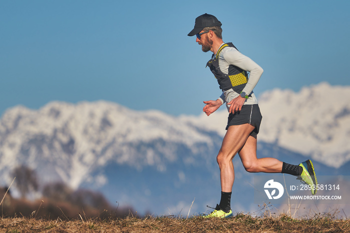 Trail runner long mountain distance in training