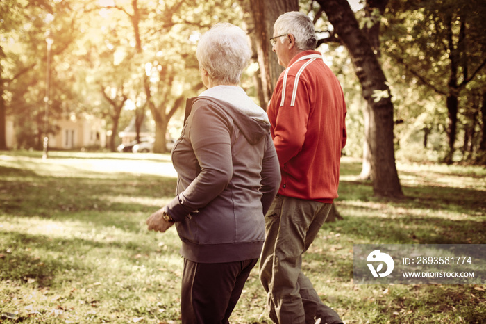 穿着运动服的老年夫妇慢跑槽公园。