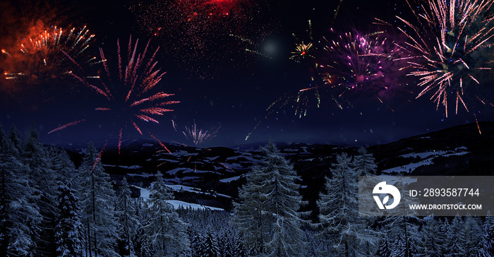 Happy new year-banner, Hintergrund: schneebedeckter Wald und darüber ein leuchtendes Feuerwerk