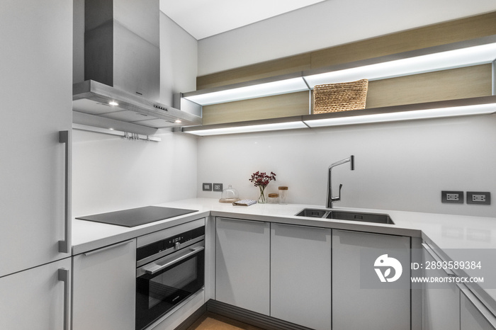 豪华公寓现代白色厨房台面和厨房设备。小厨房台面