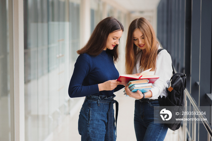 Two young female students standing with books and bags in the hallway University speaking each other