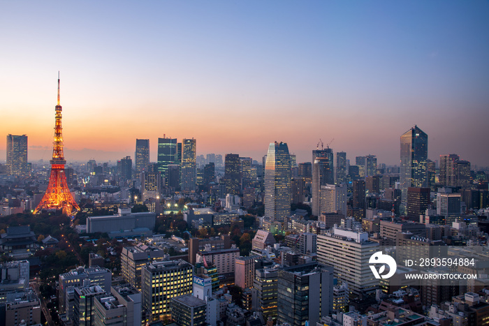 Tokyo tower and skyscrapers at magic hour