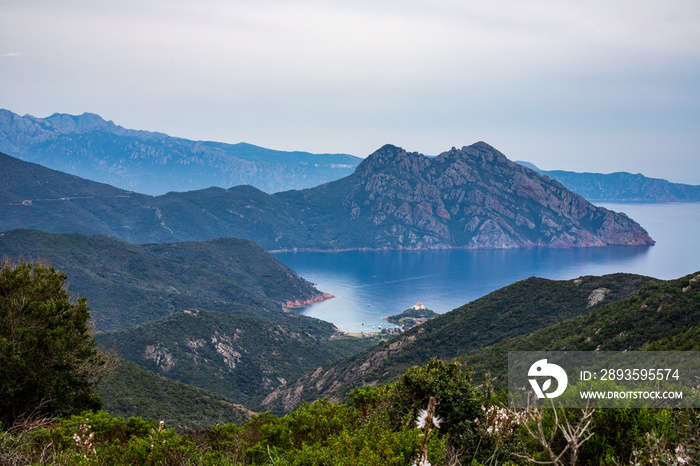 path from Galeria to Girolata. panorama of  Girolata.  Scandola Nature Reserve a Natural World Herit