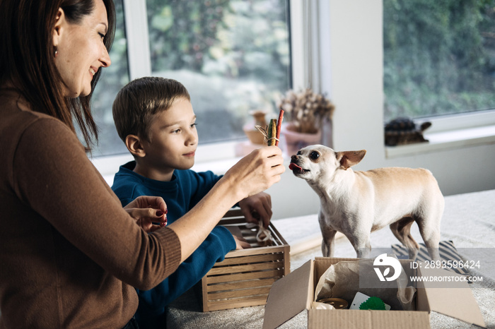 Support local business, small business. Pet shop owner, mom and kid putting bone in Pet Subscription