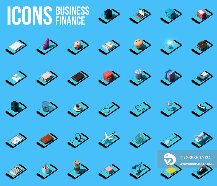 Collection of business and finance icons with smartphones