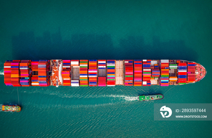 Container ship in export and import business and logistics. Aerial view.