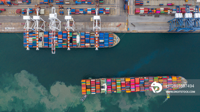 Aerial view cargo ship terminal, Unloading crane of cargo ship terminal, Aerial view industrial port