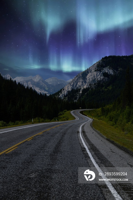 Driving down the road at night with Northern Lights in Sky