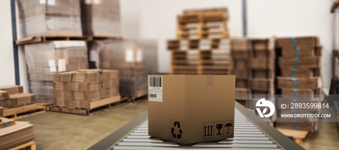 Composite image of packed parcel box on conveyor belt