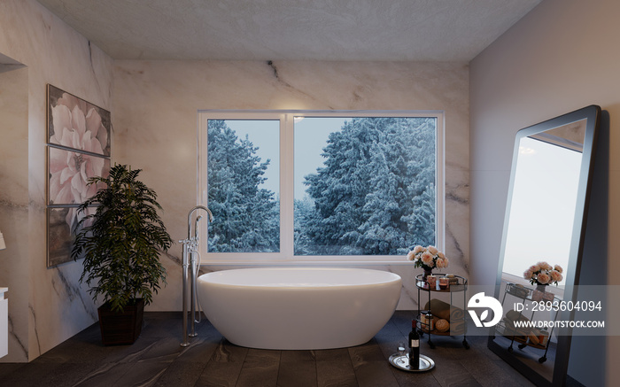 Modern luxury bathroom 3d render. With large windows overlooking the nature.