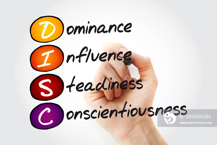 DISC (Dominance, Influence, Steadiness, Conscientiousness) acronym with marker, personal assessment 
