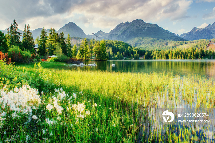 Majestic mountain lake in National Park High Tatra. Strbske ples