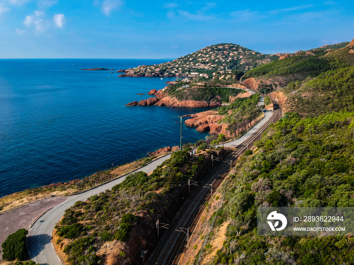 Aerial view by Drone in Saint-Raphaël near Agay on Texas road like to be in USA. Roches Rouges by th