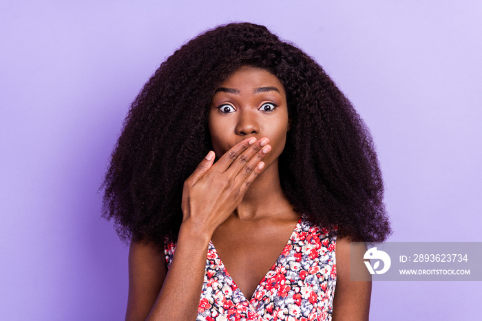 Photo of young afro girl cover lips hand oops fail mistake worried nervous isolated over purple colo