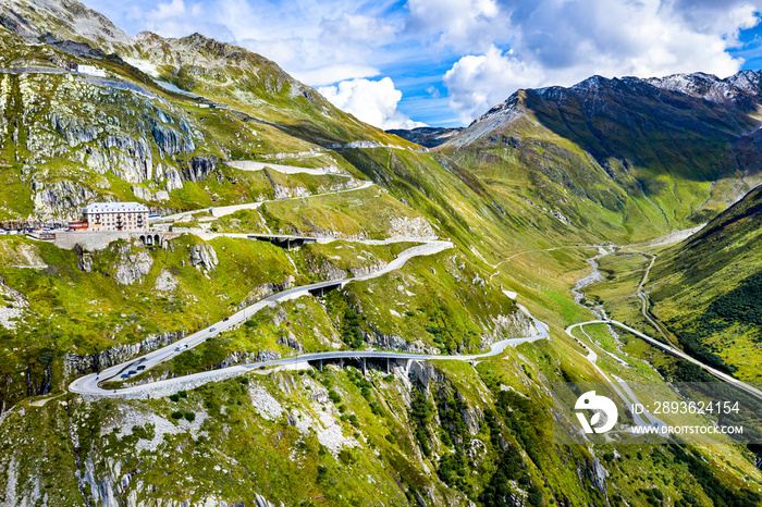 Zig-zag road to Furka Pass in the Swiss Alps