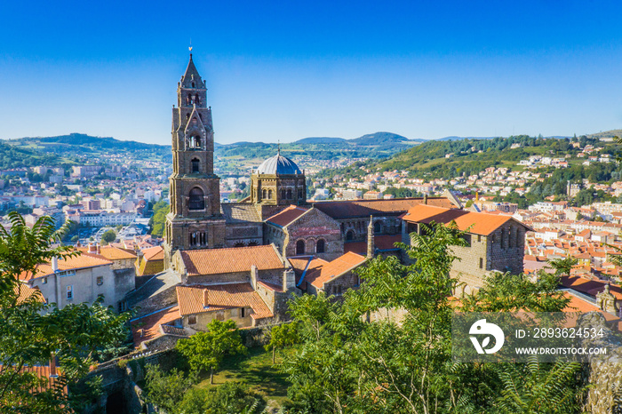 View on the city of Le Puy en Velay (Auvergne, France) and the Notre Dame Cathedral from the statue 