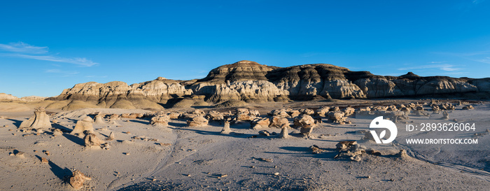 Panoramic alien landscape of the  Cracked Eggs  rock field and rock formations in late afternoon sun