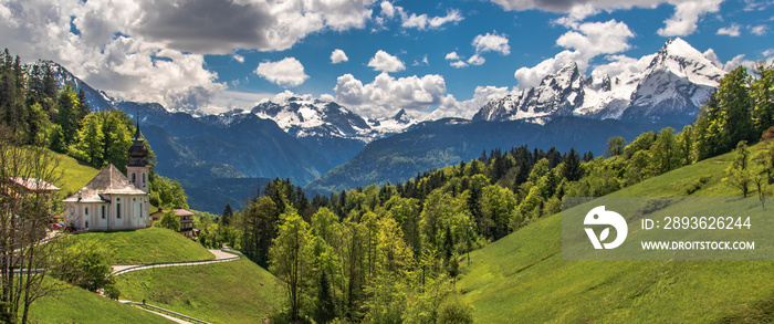 Beautiful alpine mountain view with the famous church and Watzmann summit at Maria Gern Berchtesgade