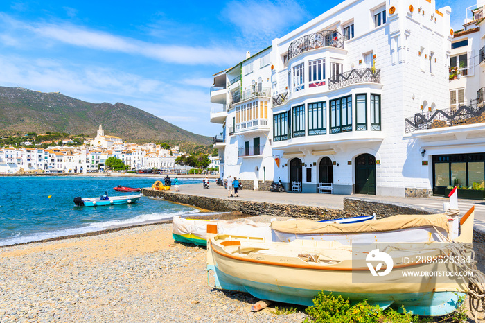 Fishing boats on beach in Cadaques white village, Costa Brava, Spain