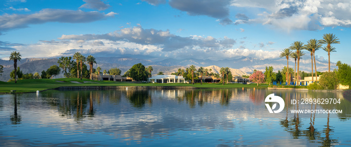 View of water features on a golf course  in Palm Desert, CA.Palm Desert and Palm Springs are popular