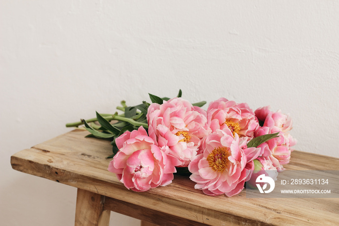 盛开的粉色牡丹花，放在旧木桌、长椅上的花束。白墙。选择性聚焦