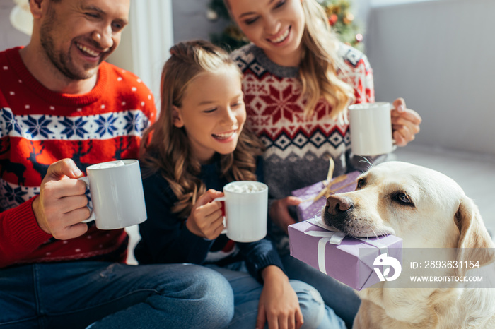 labrador holding gift near near joyful family in sweaters with cups in hands on blurred background