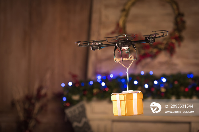 Hexacopter drone flying with gift box