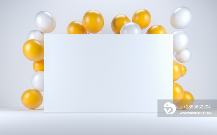 Yellow and white balloon in a white interior around a white board. 3d render