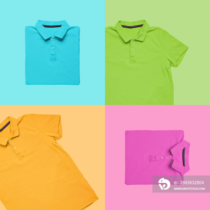 Different blank t-shirts on color background