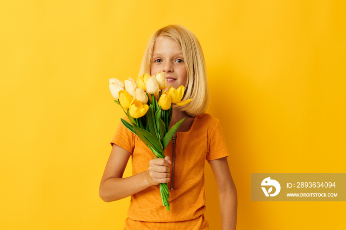 little girl with blond hair bouquet of flowers gift childhood