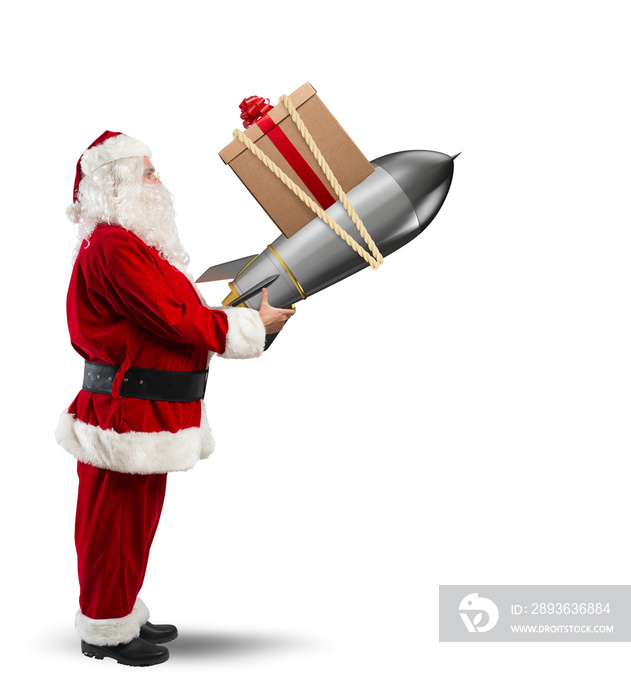 Fast delivery of Christmas gifts. Santa Claus ready to launch a rocket