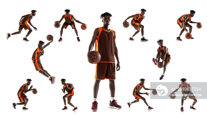 Collage of portrait of professional basketball player in brown uniform playing, training isolated ov