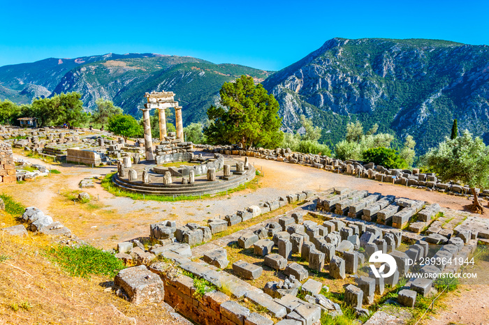 Ruins of temple of Athena Pronaia at Delphi, Greece