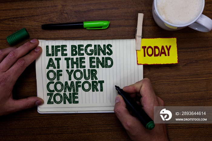 Word writing text Life Begins At The End Of Your Comfort Zone. Business concept for Make changes evo