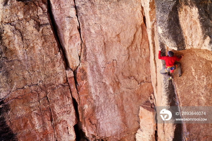 High angle view of male rock climber