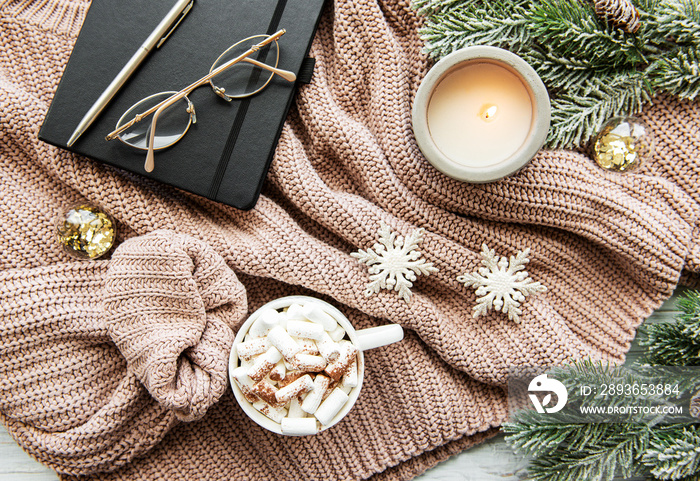 Christmas composition with cup of hot chocolate and decorations