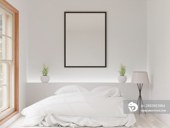 3D Modern interior of bedroom with mockup photo frame