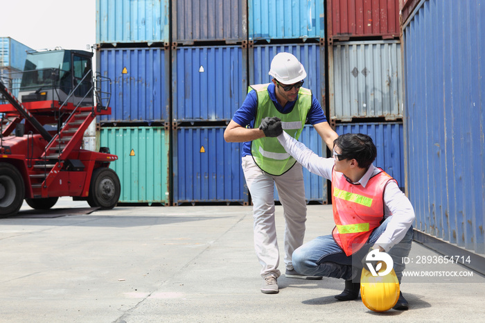 Construction worker or Industrial Engineers has an accident while working on Container ship in impor