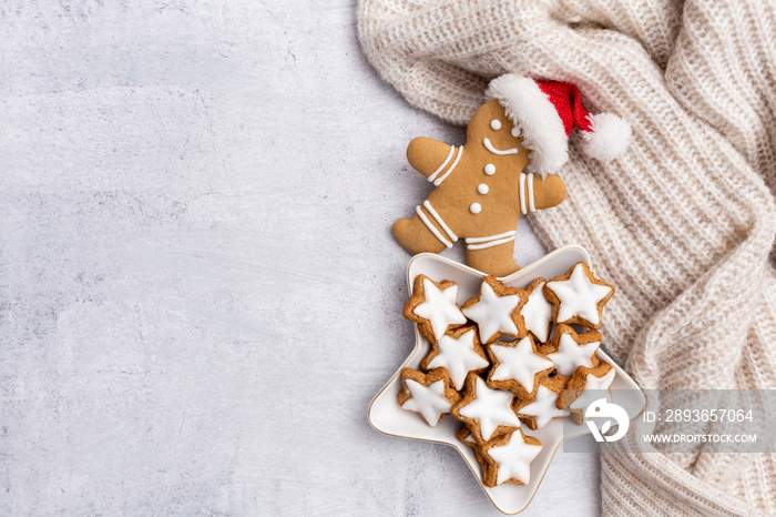 Gingerbread with mug of hot chocolate and christmas candy cane.