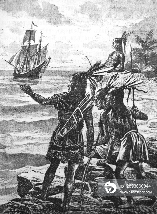 Columbus discovering America. Indians. in the old book Christopher Columbus, by A. Kalmykova, 1896, 