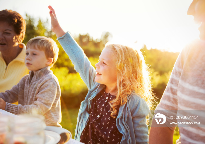 Girl (6-7) with raised hand sitting near brother (4-5) and family at dining table outdoors