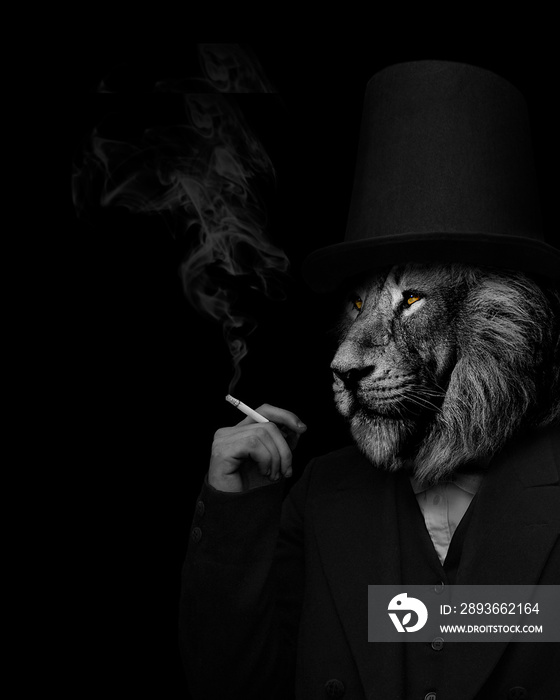 Man in the form of a Lion smoking , The lion person , animal face isolated black white