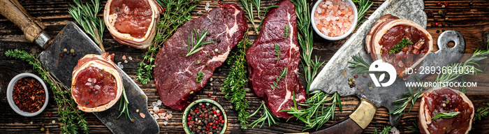 Variety of raw black angus prime meat steaks beef rump steak, Tenderloin fillet mignon for grilling 