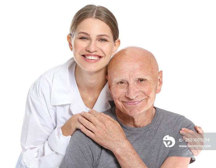 Elderly man with doctor on white background