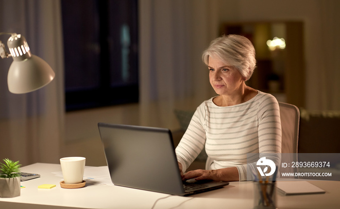 技术、老年和人的概念——晚上在家带笔记本电脑的严肃老年女性