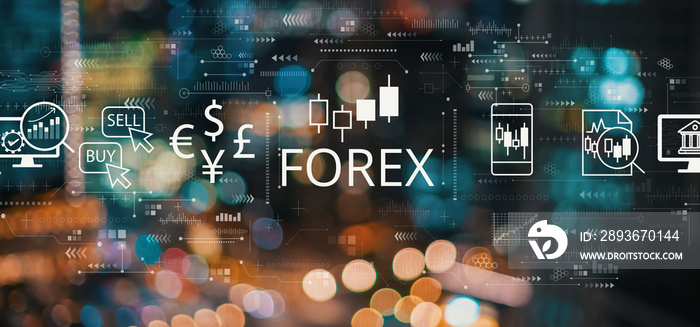 Forex trading concept with blurred city abstract lights background