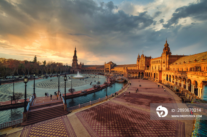 Dramatic scene of Plaza España in Seville at sunset