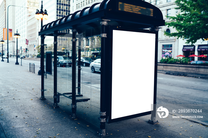 Modern empty billboard on bus station in Chicago city