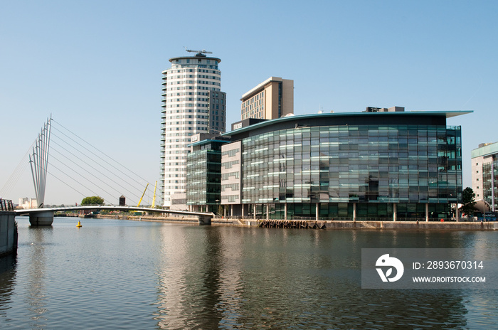 Media City Footbridge and the BBC buildings, Salford Quays, Greater Manchester, UK