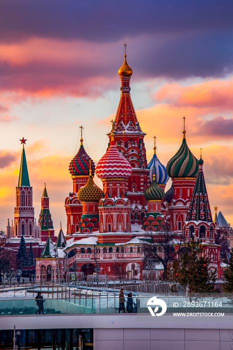 Moscow, Capital city of Russia. Beautiful view of Saint Basil`s Cathedral during sunset time. Clouds